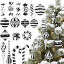 48 Pcs Black and White Christmas Ornaments, Large Hand Painted Holiday Decor with Assorted Sizes & Designs, Hanging Plastic Stripe Dot Ball for Christmas Tree Party Decoration