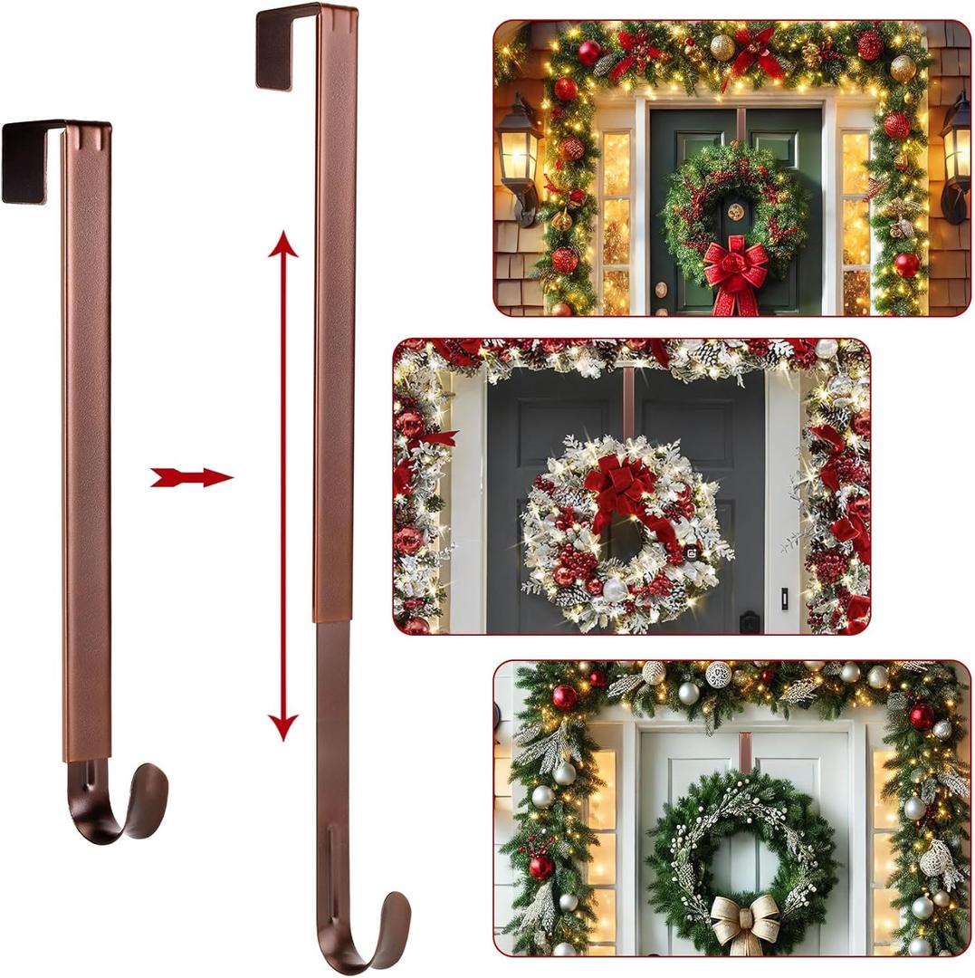 Wreath Door Hanger,Easter Decorations Wreath Hangers for Front Door, Adjustable Over the Door Hooks for Hanging Welcome Sign Length from 15 to 25 Inches,Metal Front Door Porch Apartment Decor (Bronze)