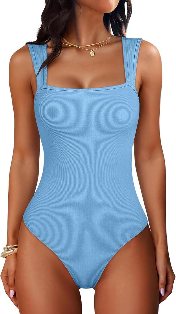 ANRABESS Bodysuits for Women Summer Ribbed Knit Sleeveless Square Neck Tank Tops Slim Fitted Going Out Vacation Outfits Sky Blue, Large