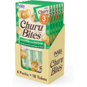 INABA Churu Bites for Cats, Soft/Chewy Baked Chicken Wrapped Churu Filled Cat Treats with Vitamin E, 0.35 Ounces per Tube, 18 Tubes Total (3 Tubes per Pack), Tuna Recipe