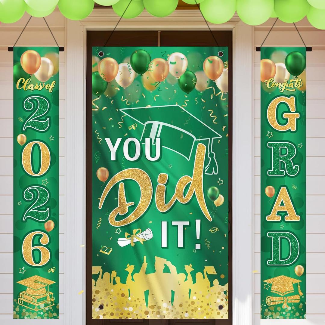 Graduation Banner Class of 2026, You Did It Congrats Grad Door Cover for Party Decorations, High School and College Graduation Ceremony Banner Decorations for Indoor Outdoor (Green)