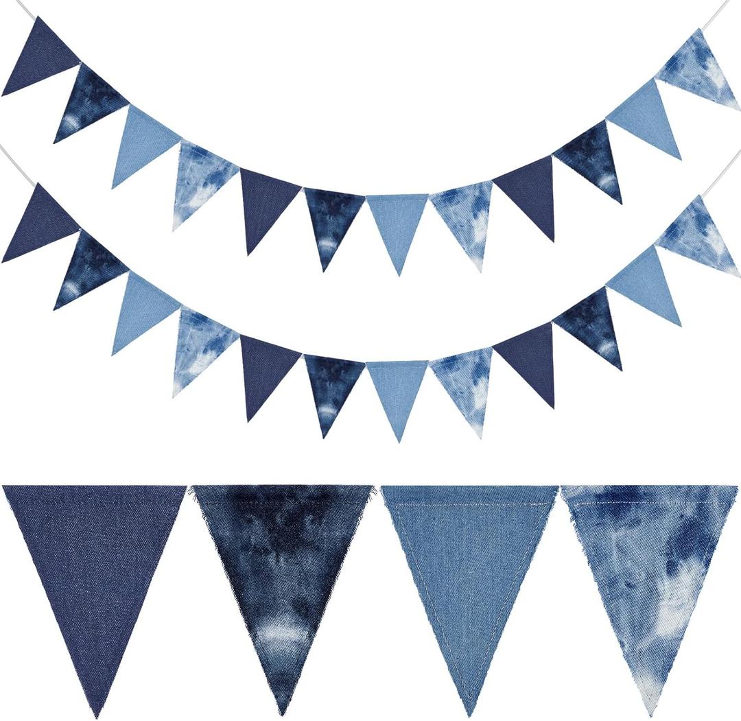 Breling 2 Pcs Denim Banner Denim Party Decorations Blue Banner Bachelorette Party Decorations Bunting Garland for Blue Jean Baby Shower Birthday Wedding Festival (Triangle)