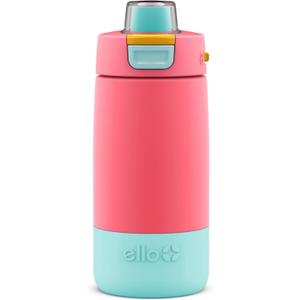 Ello Kids Colby 12oz Stainless Steel Insulated Water Bottle with Straw and Built-In Silicone Coaster Carrying Handle and Leak-Proof Locking Lid for School Backpack, Lunchbox, and Outdoor Sports (Coral/Mint)