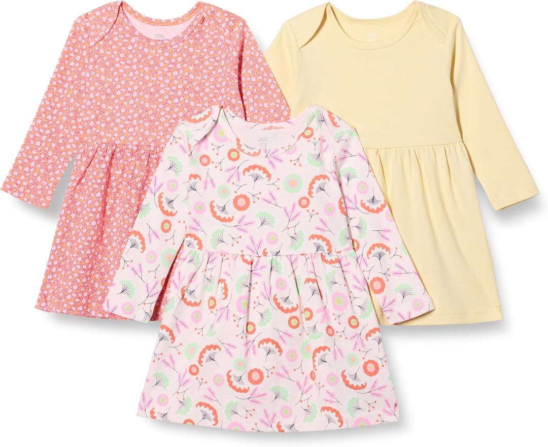 Amazon Essentials Toddlers and Baby Girls' Cotton Long-Sleeve Dress, Pack of 3 (2T, Pale Yellow/Floral)