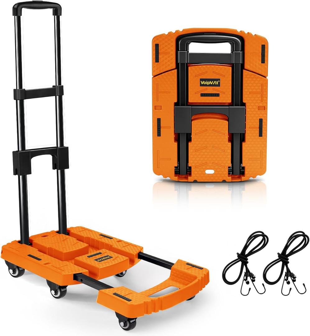 Voipvvii Folding Hand Truck500lbs, Portable Heavy Duty Dolly Cart, 6 Wheels Collapsible Luggage Cart with 2 Elastic Ropes - Compact Trolley Cart for Easy Moving - Ideal Hand Cart for Travel and More (17, Orange)