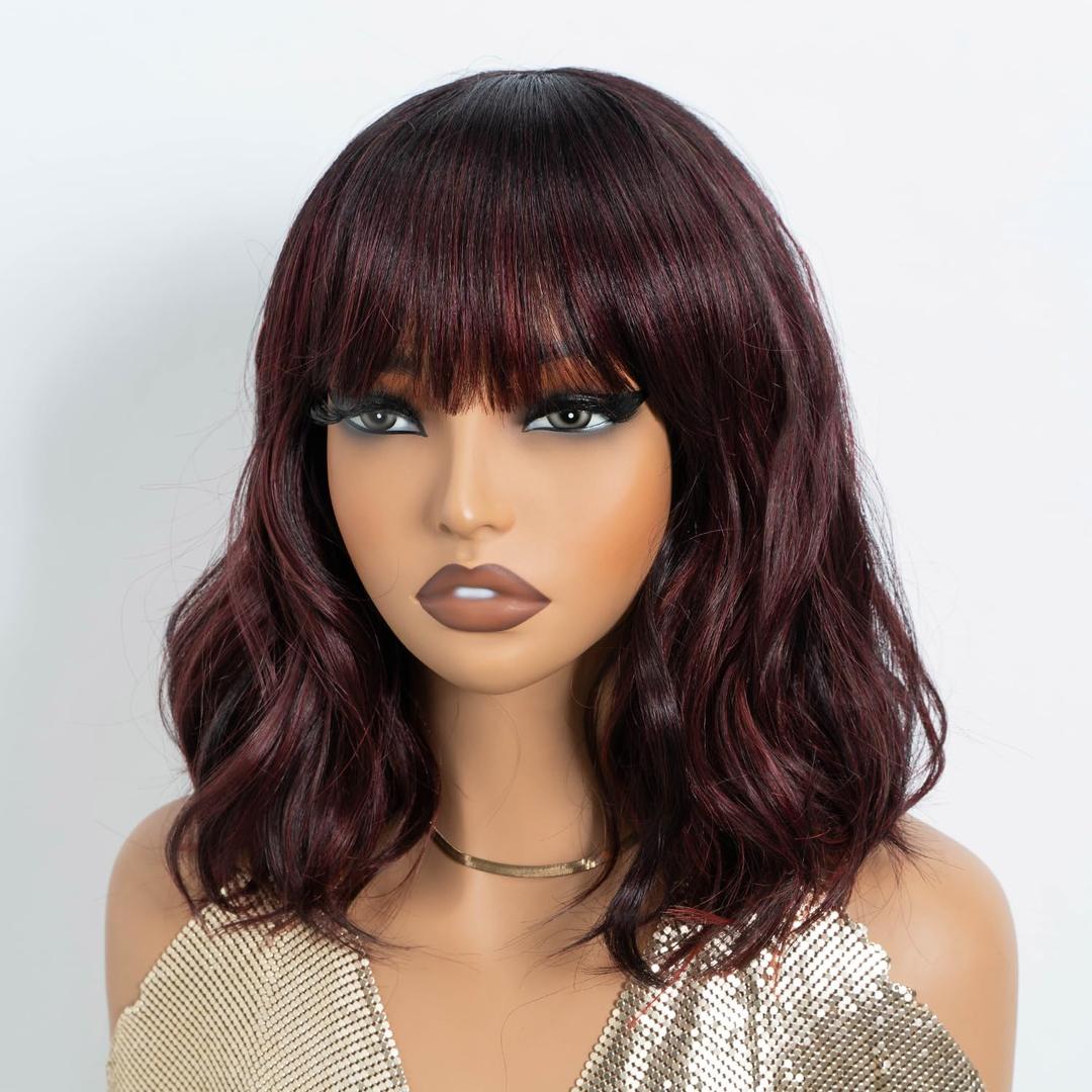 NOBLE Red Wig with Bangs for Women Short Colorful Wavy Bob Wig with Bangs Shoulder Length Ombre Wine Red Curly Wigs with Bangs Heat Resistant Synthetic Burgundy Colored Wigs for White Women (12 Inch (Pack of 1))