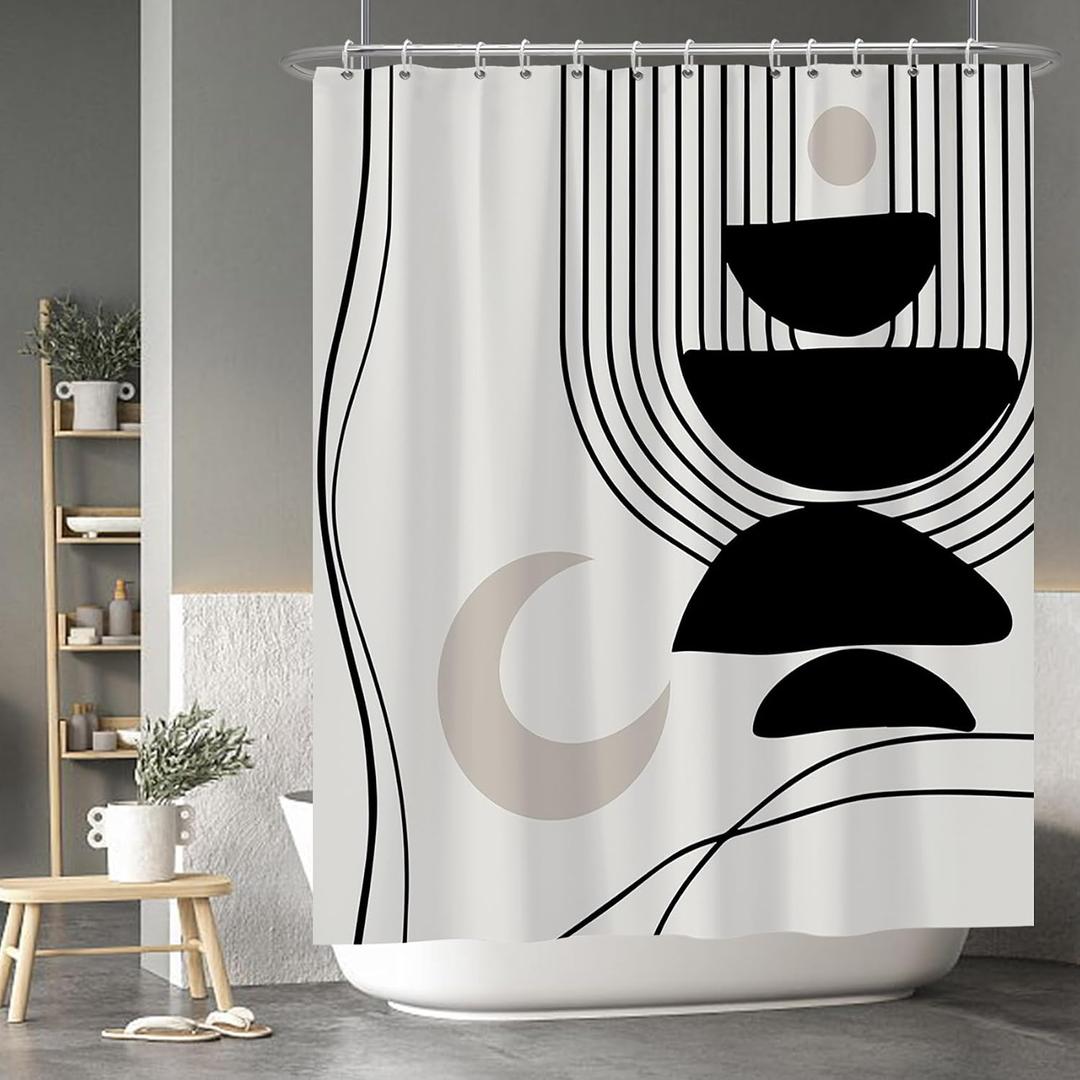 Black Gray Bohemian Shower Curtain for Bathroom Decor Abstract Moon Striped Geometry Pattern Bathroom Curtains 60x72 Inch with Hooks Modern Waterproof Bathroom Shower Decor Accessory Set, 60W x 72H