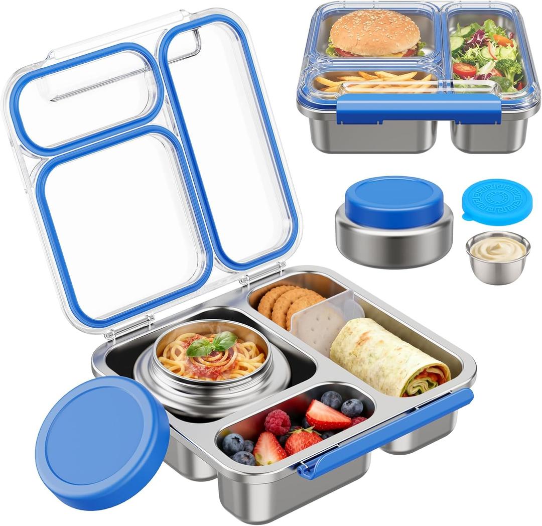 Stainless Steel Bento Box Kids Adult with 7oz Insulated Food Jar, Transparent Lid Metal Lunch Box With Soup Thermal Jar, Lunch Box Container with Removable Divider & Sauce Cup School (Blue)