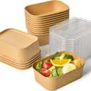 JOLLY CHEF 25 oz 50 Pack Paper Meal Prep Containers with Lids, Rectangular Disposable Food Containers, Brown Paper Bowls with Lids for Salad, Soup, Snack