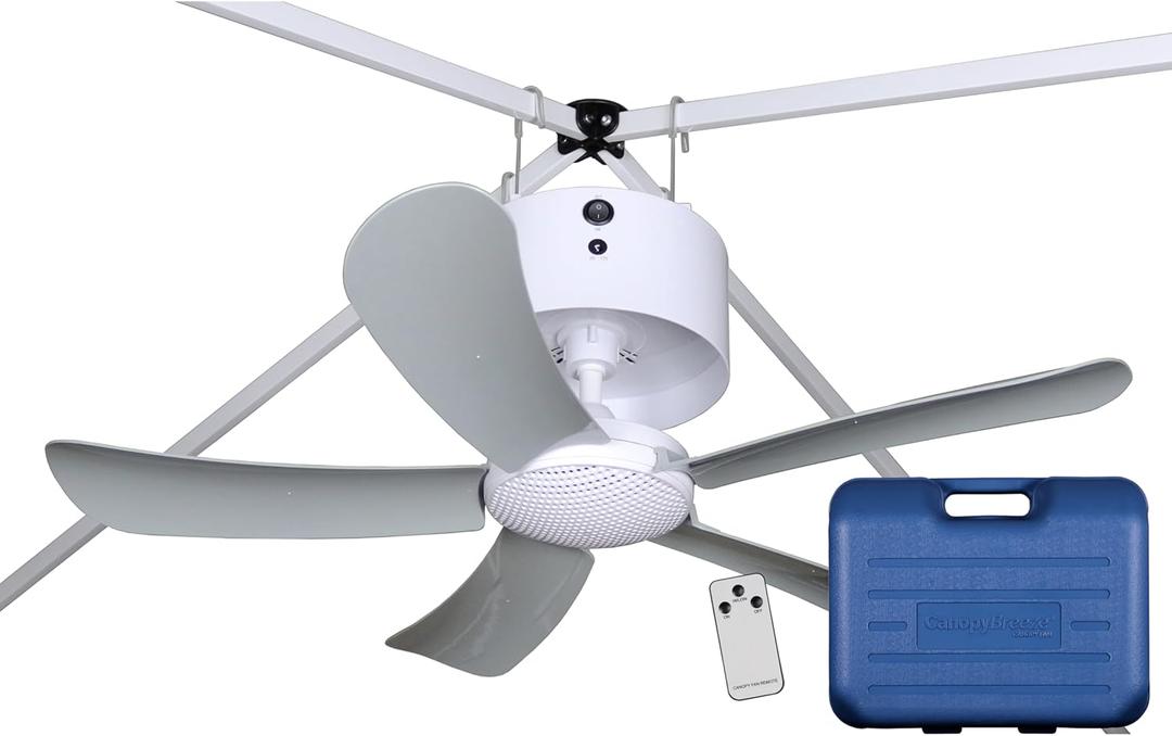Canopy Fan Portable, Rechargeable Ceiling Fan for Canopies, Gazebos, Pergolas + more! 6-Hour Run Time, 31 Diameter Blades, Easy Install w/out Tools, Remote Control, Travel Case included