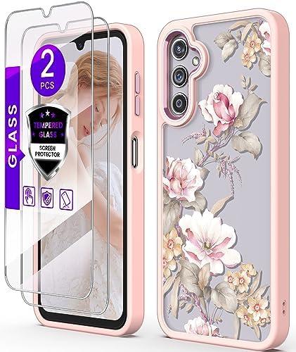 DagoRoo for Samsung Galaxy A14 5G Case with Tempered Glass Screen Protector [2 Pack],[Military Grade Protective] Slim Soft TPU & Hard PC,Girls Women Crystal Clear Flower Pattern Case-Ranunculus/Pink
