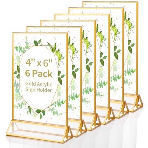 Svalor Gold Acrylic Sign Holder 4X6 inch, 6 Pack Wedding Table Number Frames Vertical , Double Sided Display Gold Picture Frame, Clear Menu Holders for Wedding Reception, Party Decoration