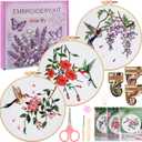 Embroidery Kit for Beginners,3 Pack Hummingbird and Flower Cross Stitch Kits for Adults,Needlepoint kit with Stamped Patterns,Hoop,Threads for Craft Lover,Hand Stitch with Embroidery Skill Techniques