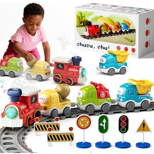 Electric Train Set for Toddlers with Sound & Lights, Magnetic Connection Train Toys with Tracks & Road Signs, Christmas Birthday Gift for 3 4 5 6 Year Old Boys Girls