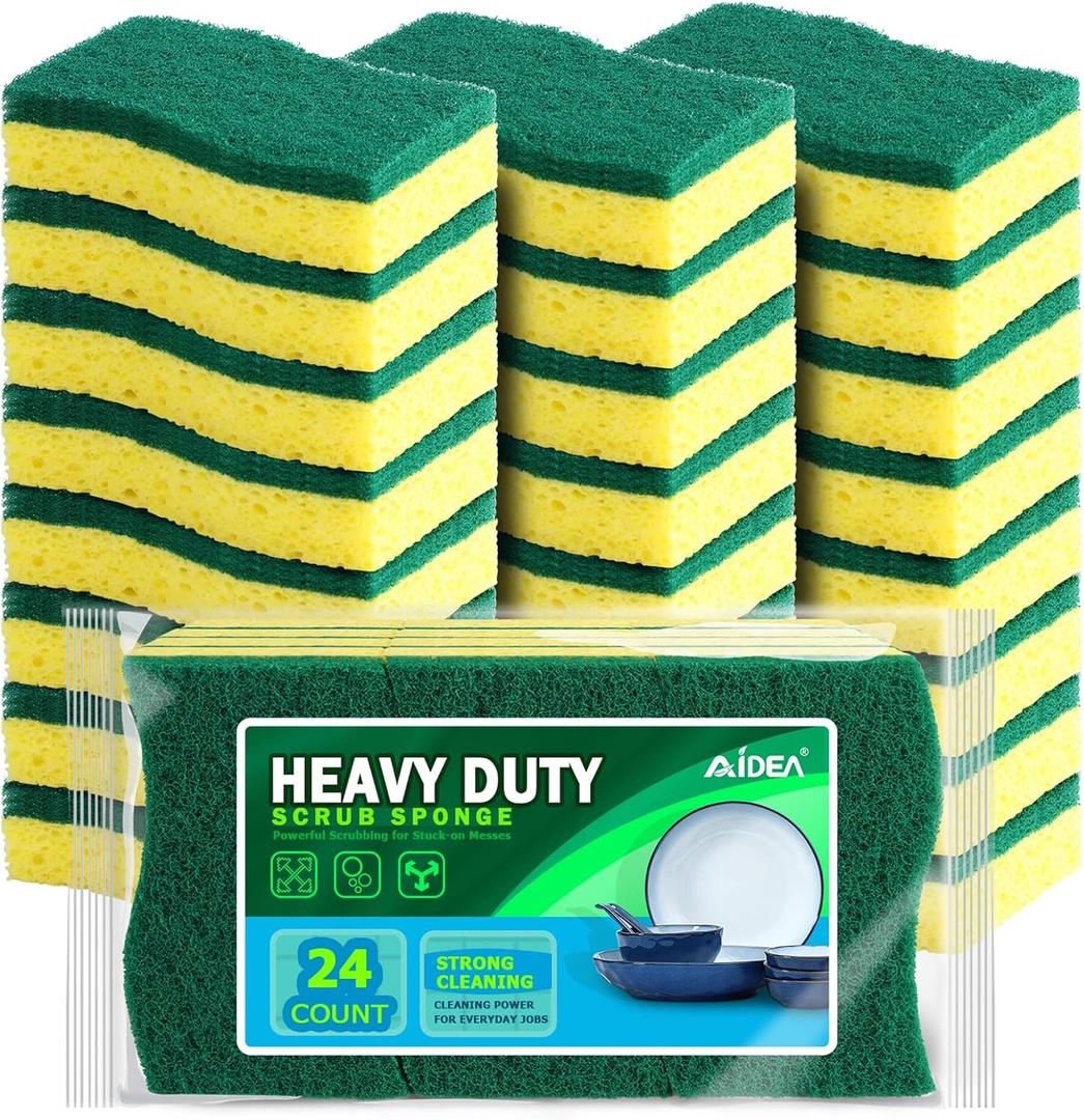AIDEA Sponges Kitchen, Heavy Duty Scrub Sponge-24Count, Sponges for Dishes, Cellulose Dish Sponge, Scrubbing Power for Tough Messes, Cleaning Power for Non-Coated Cookware, Dishes, Pots, Pans (Green)