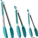 600F Heat Resistant Kitchen Tongs, Premium Locking Cooking Tongs with Silicone Tips, Non-Slip Food Tongs for Cooking, Non-Stick, Heavy Duty Stainless Steel Handle, Set of 3-7" 9" and 12" Aqua Sky