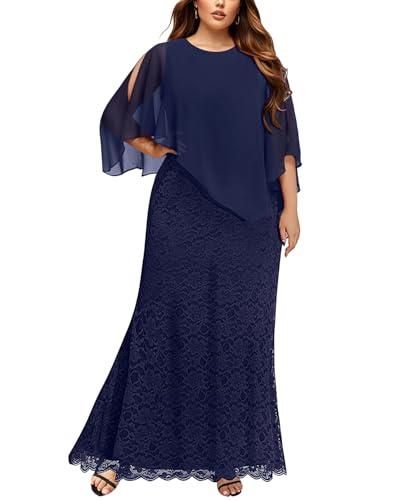 Plus Size Mother Bride Women Navy Blue Lace Long Cape Formal Wedding Guest Evening Gowns Bridesmaid Mermaid Prom Dress 26W