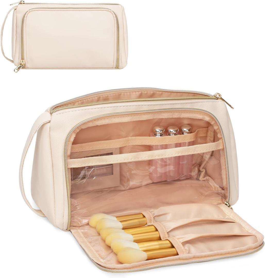 CUBETASTIC Makeup Bag, Cosmetic Bag for Women, Small Travel Make Up Storage Organizer with Makeup Brush Compartment, Portable & Waterproof (02_Beige Leather)