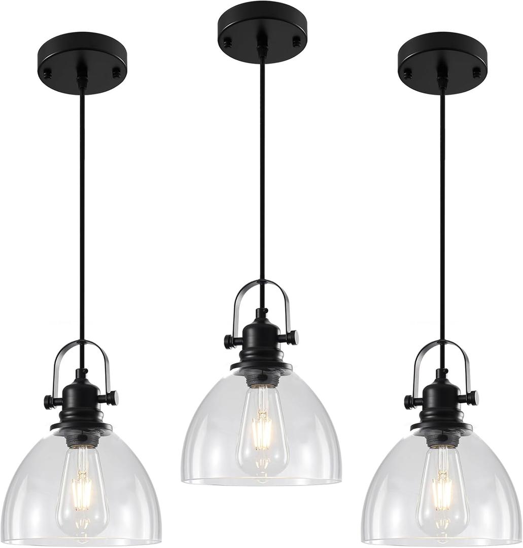Kitchen Pendant Lighting Over Island 3 Pack, 7.5” Black Pendant Lights Kitchen Island, Farmhouse Glass Pendant Lights Kitchen Island, Industrial Pendant Light for Kitchen, Bedroom, Bathroom
