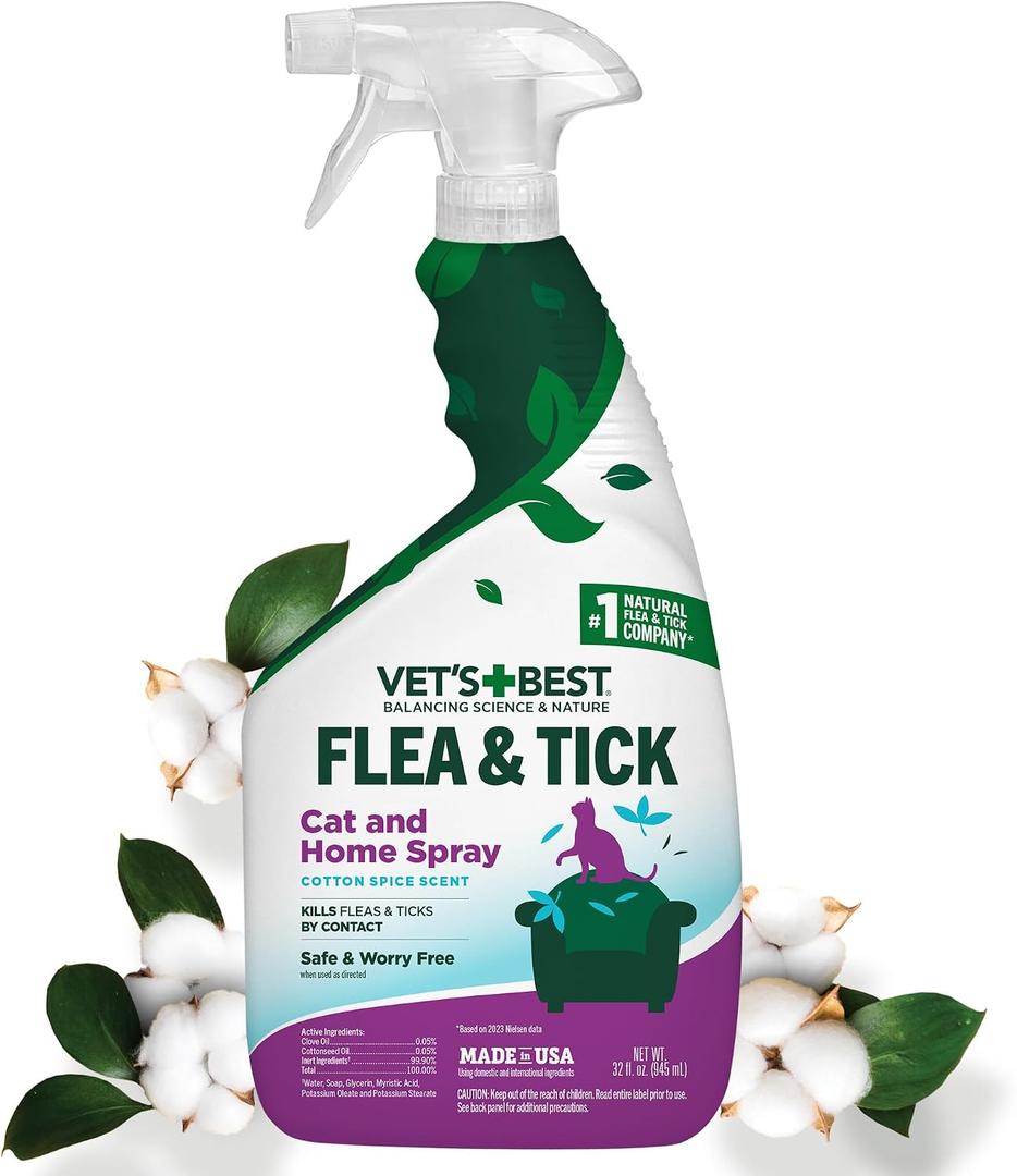 Vets Best Flea & Tick Home Spray for Cats Plant-Based Flea and Tick Treatment with Cotton Spice Scent Gentle Flea Mist for Indoor Use Made in USA Natural Cat Flea Control 32 oz