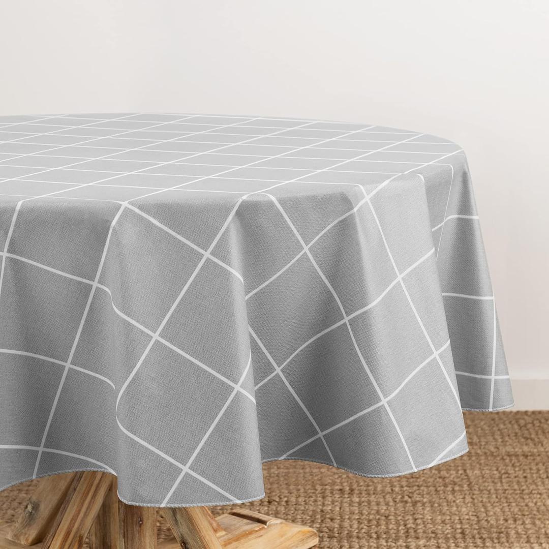 Elrene Home Fashions Windowpane Plaid Water- and Stain-Resistant Vinyl Tablecloth with Flannel Backing, 70 Inches X 70 Inches, Round, Gray (Grey)