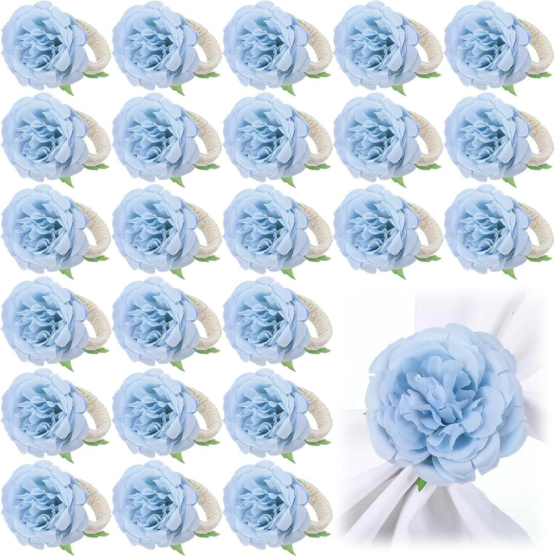 Yunsailing 24 Pcs Flower Napkin Rings Peony Floral Handmade Napkin Holder Rings Handicraft Holder for Table Decorations Wedding Holiday Banquet Luncheons Birthday Party Picnics Supplies(Blue)