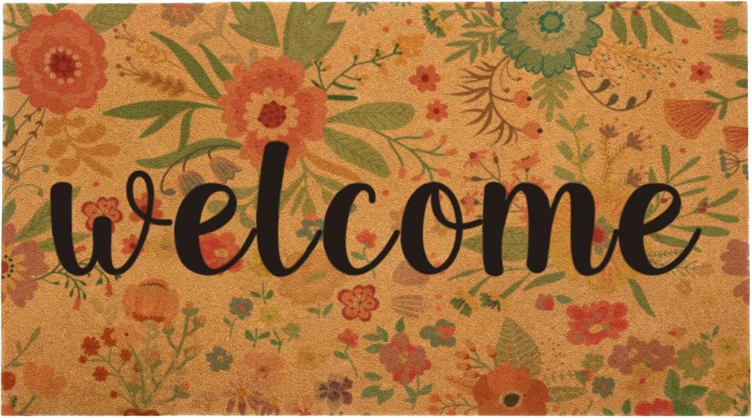 Summer Welcome Door Mat Floral - Front Door Mat Indoor Outside Entrance - Home Doormat 1'5" x 2'5" Non Slip Coir Colorful Flower Welcome Doormat