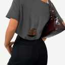 Remidoo Off The Shoulder Tops for Women Short Sleeve Crop Top Distressed Ripped T Shirts Loose Tee Grey Large (Gray, L)
