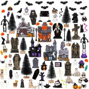 Barydat 120 Pcs Halloween Village House Accessories Miniature Halloween Town Set Mini Tombstone House Skeleton Pumpkin Tree Spider Ghost Streetlamp Figurines for Dollhouse Home Decor