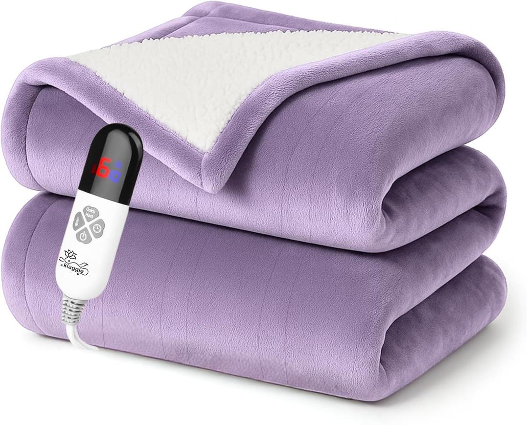 Electric Heated Throw Blanket Sherpa 50"x60" Purple Machine Washable 6 Heat Settings 4 Hours Auto Off Overheat Protection for Home Office Use