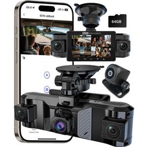 4 Channel Dash Cam Front and Rear Inside Left Right, 360 Degree View Dash Camera for Cars, 1080P Dashcam, 5G WiFi Car Camera with Night Vision, 24/7 Parking Monitor, G-Sensor, Free 64GB Card