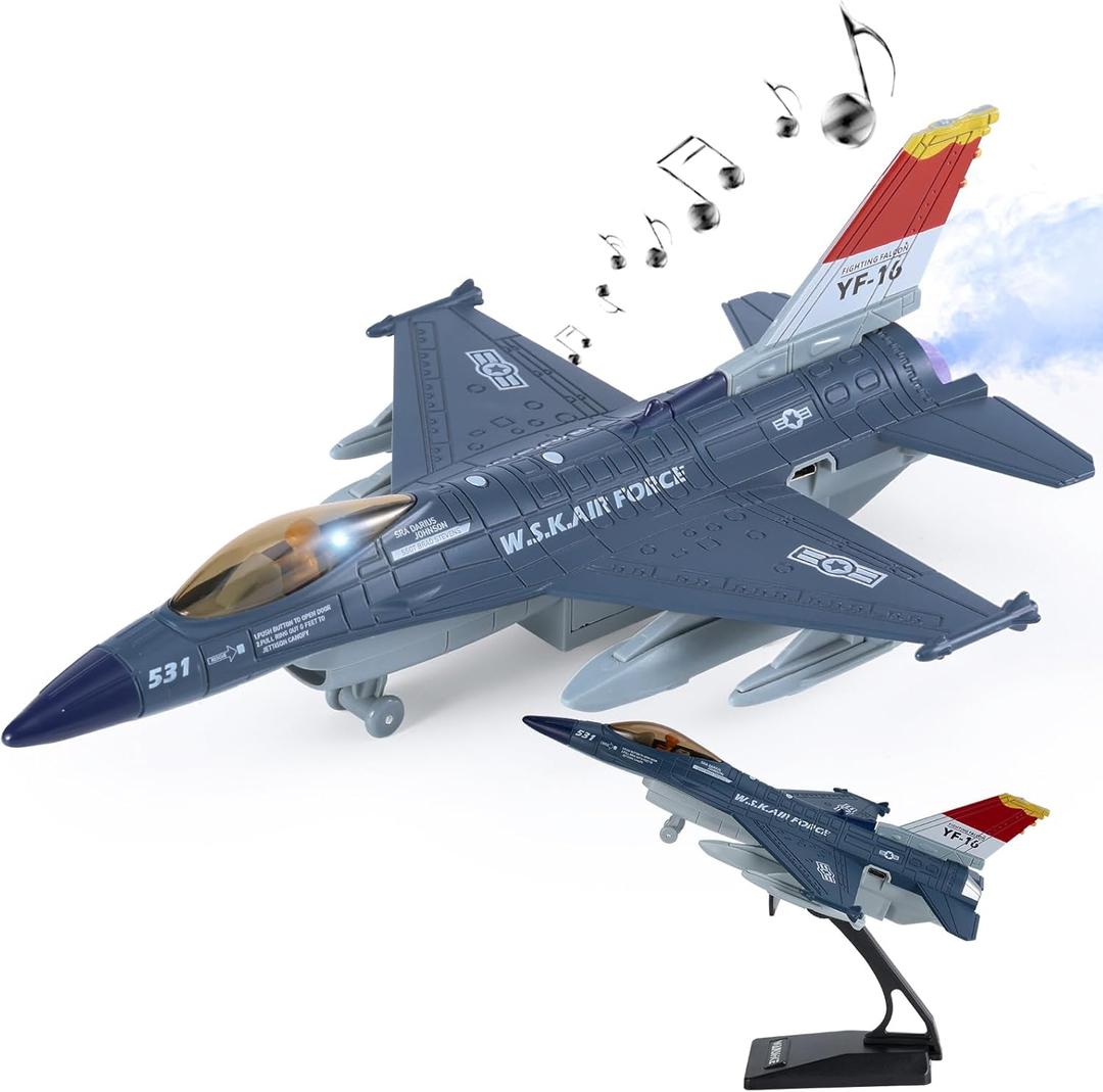 Diecast Metal Alloy Fighter Jet Military Airplane Toy with Mist Spray, Lights & Sounds, Pull Back Function Army Air Force Aircraft for Kids, Toddlers Ages 3+, Gift for Boys Girls (Blue)