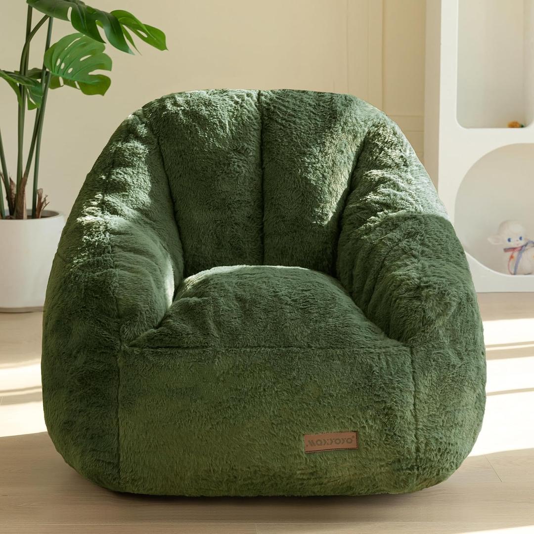 MAXYOYO Kids Bean Bag Chair, Comfy Bean Bag Sofa with Back Support, Faux Fur Cute Chair for Boys and Girls, Stuffed Floor Sofa for Nursery, Bedroom, Green