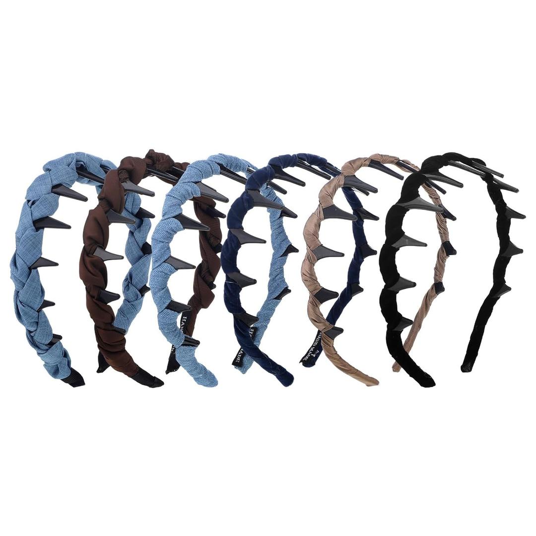 6 Pcs New Vintage High Cranium Artificial Pearl Hairband Elegant Braided Diamond Headbands with Teeth Anti-slip Decorative Hair Bands for Women (Satin, Flocking,Elegant Style,Brown, Blue) (1 Count (Pack of 6))