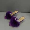 LIURUIJIA Feather High Heel Mules Sandals for Women Slip On Square Toe Clear Tapered Chunky Heels Fuzzy Fluffy Bridal Wedding Party Sexy Shoes (8, Purple)