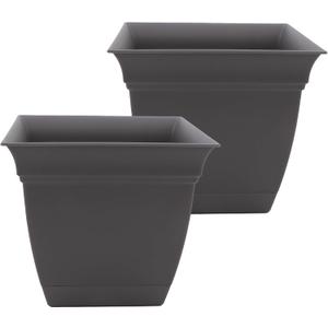 The HC Companies Eclipse Square Plastic Planter w/ Attached Saucer - Outdoor & Indoor Plant Pot with Drainage Holes - Lightweight, UV-Resistant Plastic Pots For Plants (12" Warm Gray, Pack of 2)