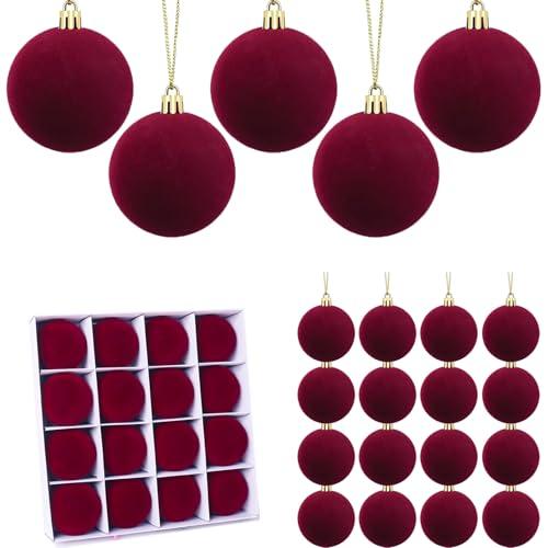 UMEEUTOO 16 Pcs Red Velvet Christmas Balls, 3.15 Inch Velvet Ornaments for Christmas Tree, Flocked Ornaments Balls for Wreath Garland - Burgundy