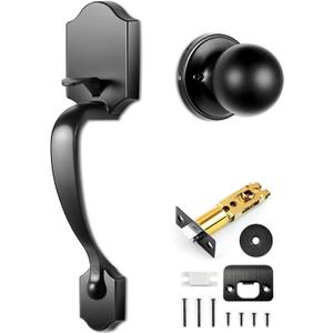 Front Door Handleset, Entry Door Handle Set with Cove Knob for Right and Left Handed Sided Doors, Interior and Exterior Entrance Passage Lock, Lower Half Grip, Matte Black