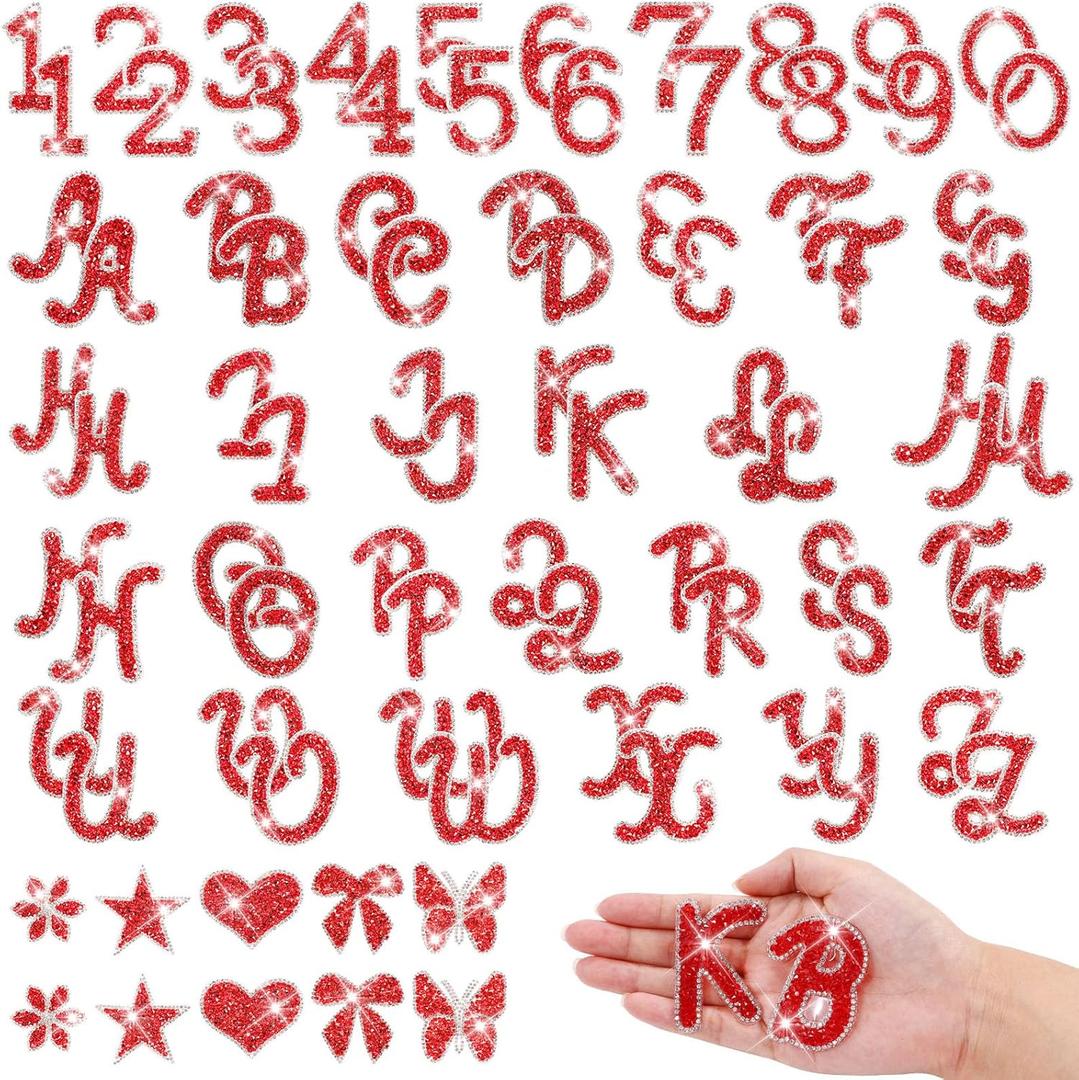 82 PCS Rhinestones Letter Patches Alphabet A-Z, Self Adhesive Number Patch 0-9 Glitter Stickers, Bling Star Butterfly Flower Iron on Letters for Clothing Bags Hats DIY Works(Red)