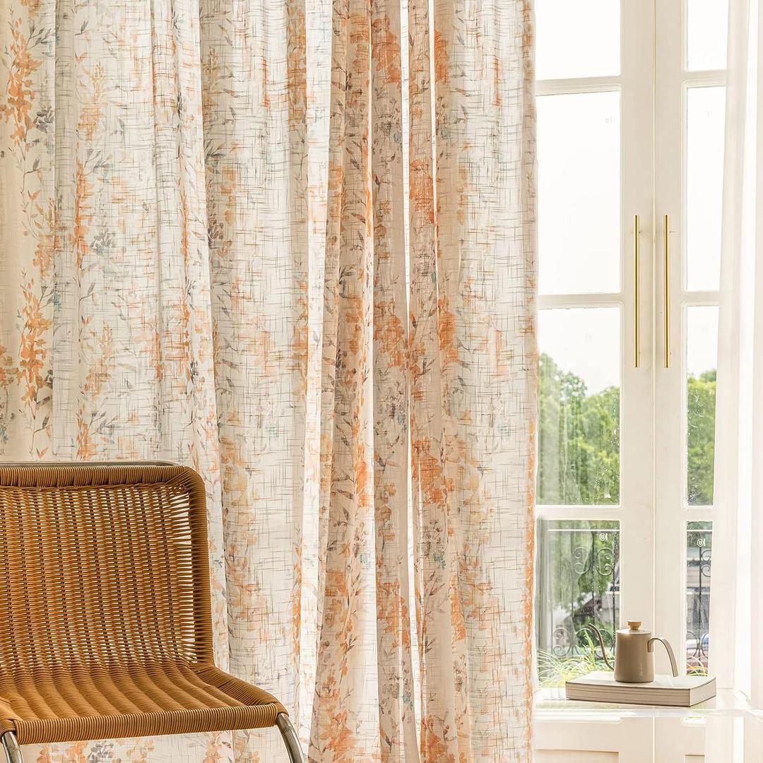 Burnt Orange Floral Boho Sheer Curtains Linen Textured 96 inches Long Rod Pocket for Living Room Print Leaf Light Filtering Window Drapes for Bedroom Dining 2 Panels