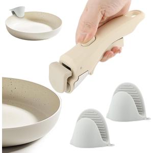 Removable Pot Handle, Cream White Detachable Pan Handles with 2 PCS Silicone Oven Mitts Heat Resistant, Universal Pan Replacement Handles for Pots and Pans