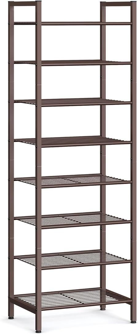 SONGMICS Narrow Shoe Rack - Sturdy 8 Tier Metal Tall Shoe Rack Shelf, Slim Shoe Storage Organizer for Closet Entryway Small Spaces, Bronze, 12"D x 17.6"W x 50.6"H
