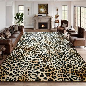 DweIke Leopard Print Rug for Living Room, Machine Washable 5x7 Cheetah Area Rugs for Bedroom, Non-Slip Low Pile Animal Hide Carpet with Rubber Backing for Dining Room Kitchen Home Decor,White Brown