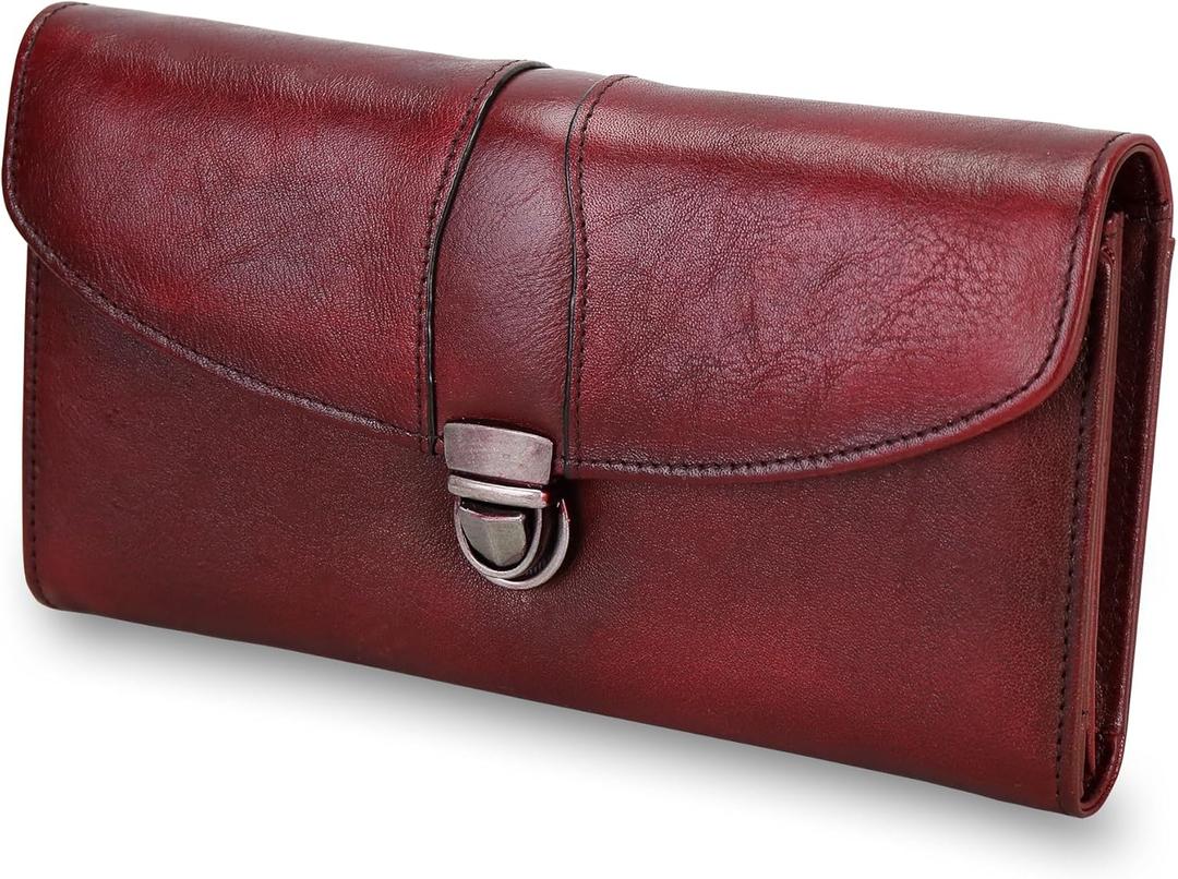 ORIREAL Women's Wallet Genuine Leather Wallet for Ladies Large Capacity Hand-Crafted Wallet Card Holder Purse (Red-02)