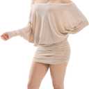 Women's Off The Shoulder Dress Long Sleeve Batwing Mini Ruched Sheer Y2K Oversized Club Sexy Night Out Dresses (S)