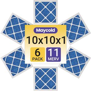Maycold 10x10x1 MERV 11 Furnace Air Filter (6-Pack), High-Performance HVAC AC Filters for Home Use, Actual Size: 9.70 x 9.70 x 0.75, Individually Wrapped in Plastic
