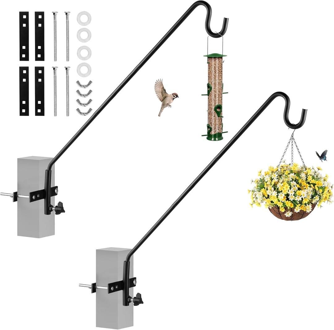2 Packs Extended Fence Deck Heavy Duty Bird Feeder Hook, 360 Degree Rotary and Length Adjustable Plant Bracket for Bird Feeders Planters Suet Baskets Lanterns Wind Chimes and More