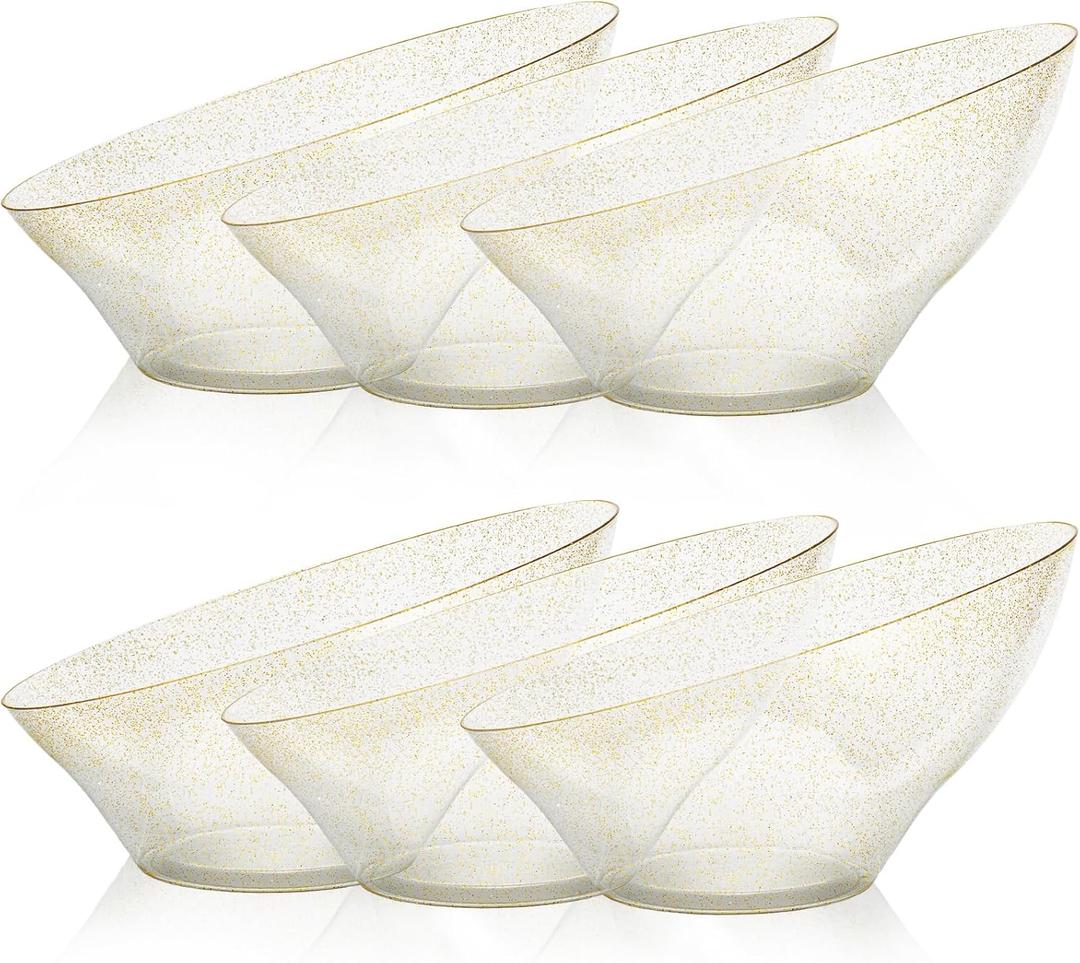 Goodluck 12 Pack Gold Glitter Plastic Serving Bowls for Party - 20 OZ Angled Disposable Serving Bowls for Wedding Party Chip, Candy, Salad & Fruit