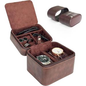 TSA-Friendly 2 Slot Watch Travel Case for Men, (Fits 7-8" Wrists) Carry-On Ready with Removable Pillows & Airplane Protection, Leather Jewelry Organizer for Wristwatches, Rings, Cufflinks (Brown)