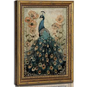 Vintage Gold Framed Peacock & Poppy Canvas Wall Art-16x24 inch | Bird Floral Picture Wall Decor Poster Print Artwork for Bedroom Living Room Home Decoration